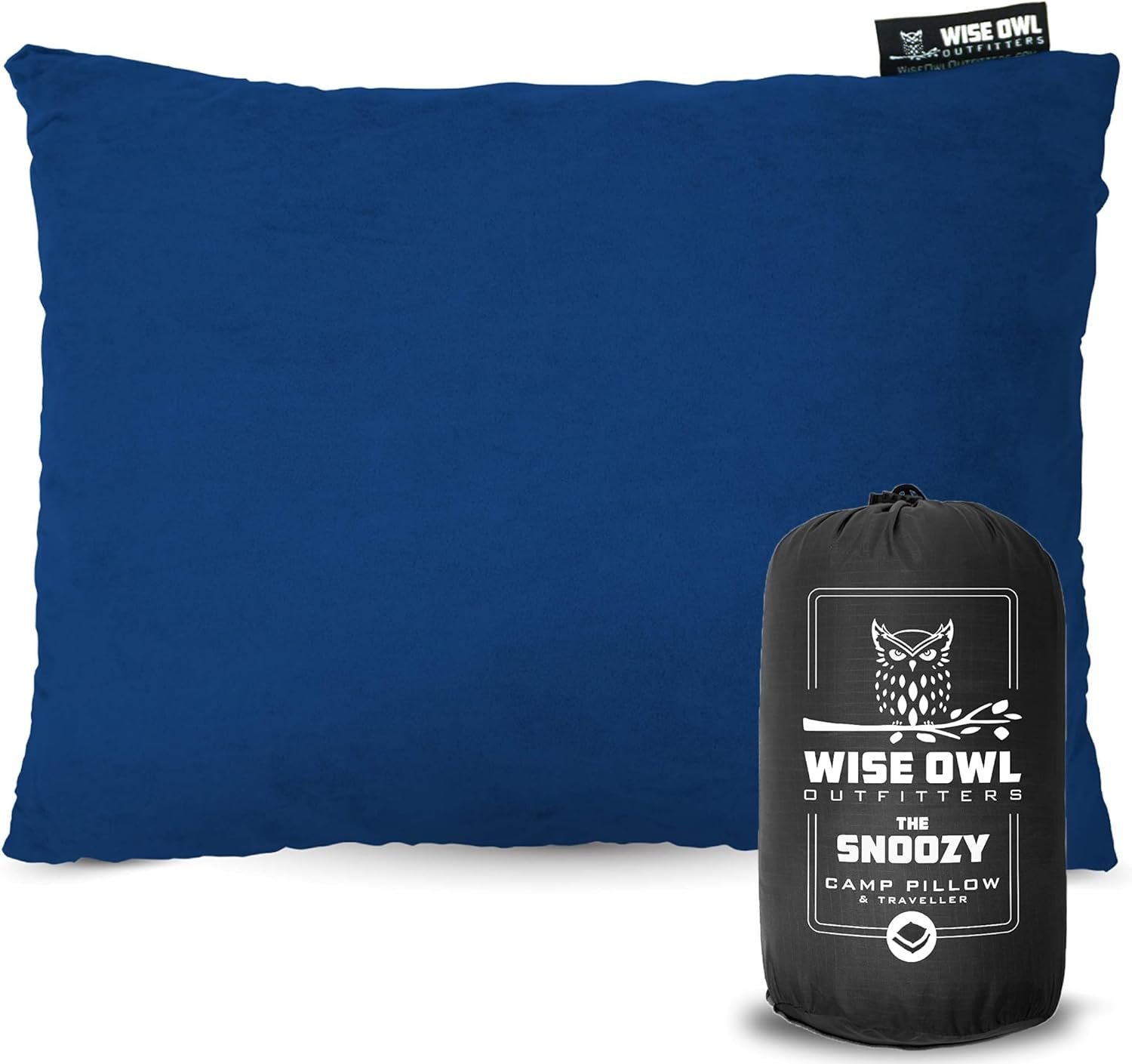 A blue travel pillow by Wise Owl Outfitters, called "The Snoozy Camp Pillow," shown with its black drawstring carry bag featuring the Wise Owl Outfitters logo.