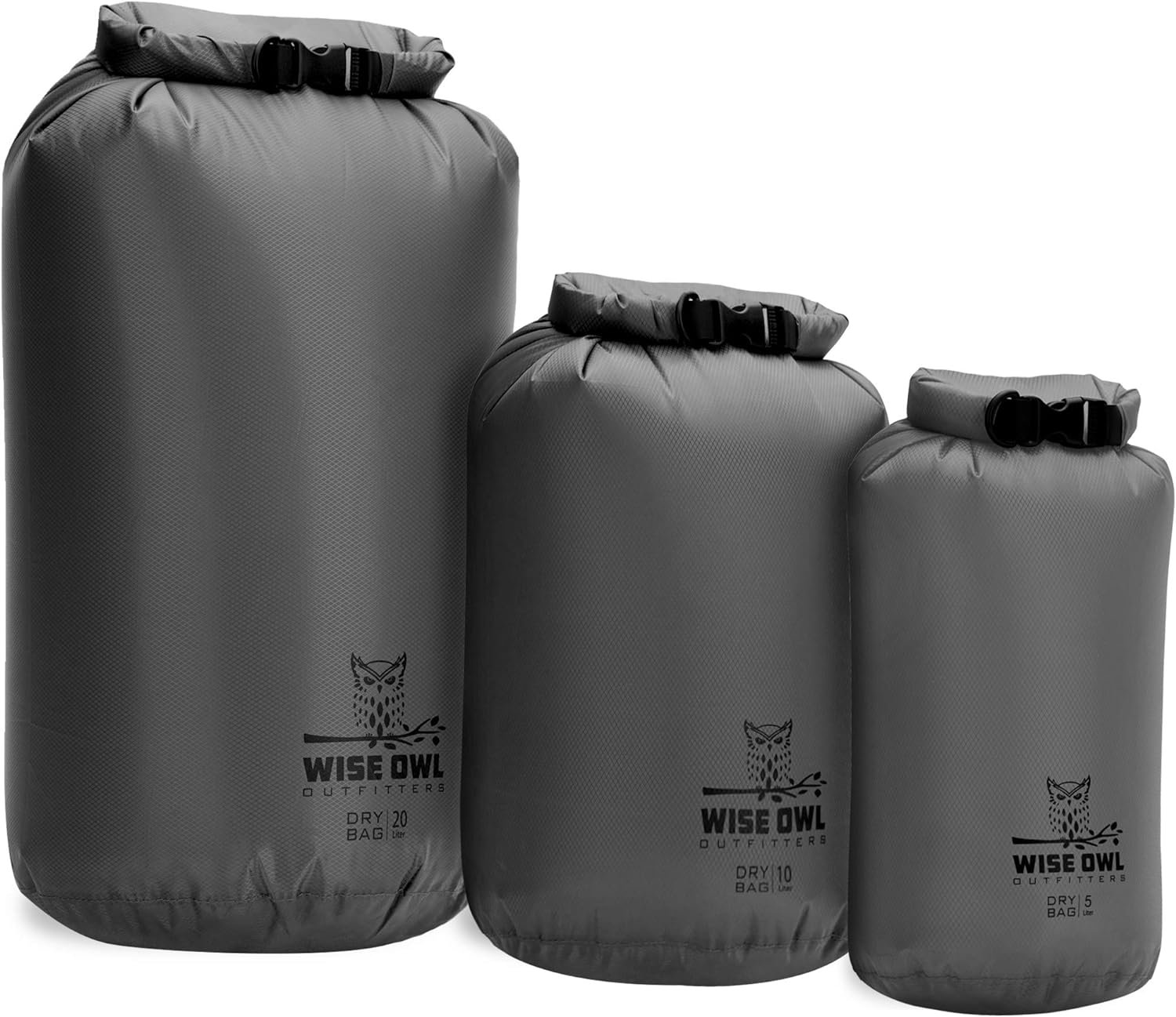 A set of three Wise Owl Outfitters dry bags in different sizes (20L, 10L, and 5L), all in a sleek gray color with roll-top closures and the Wise Owl Outfitters logo on each.