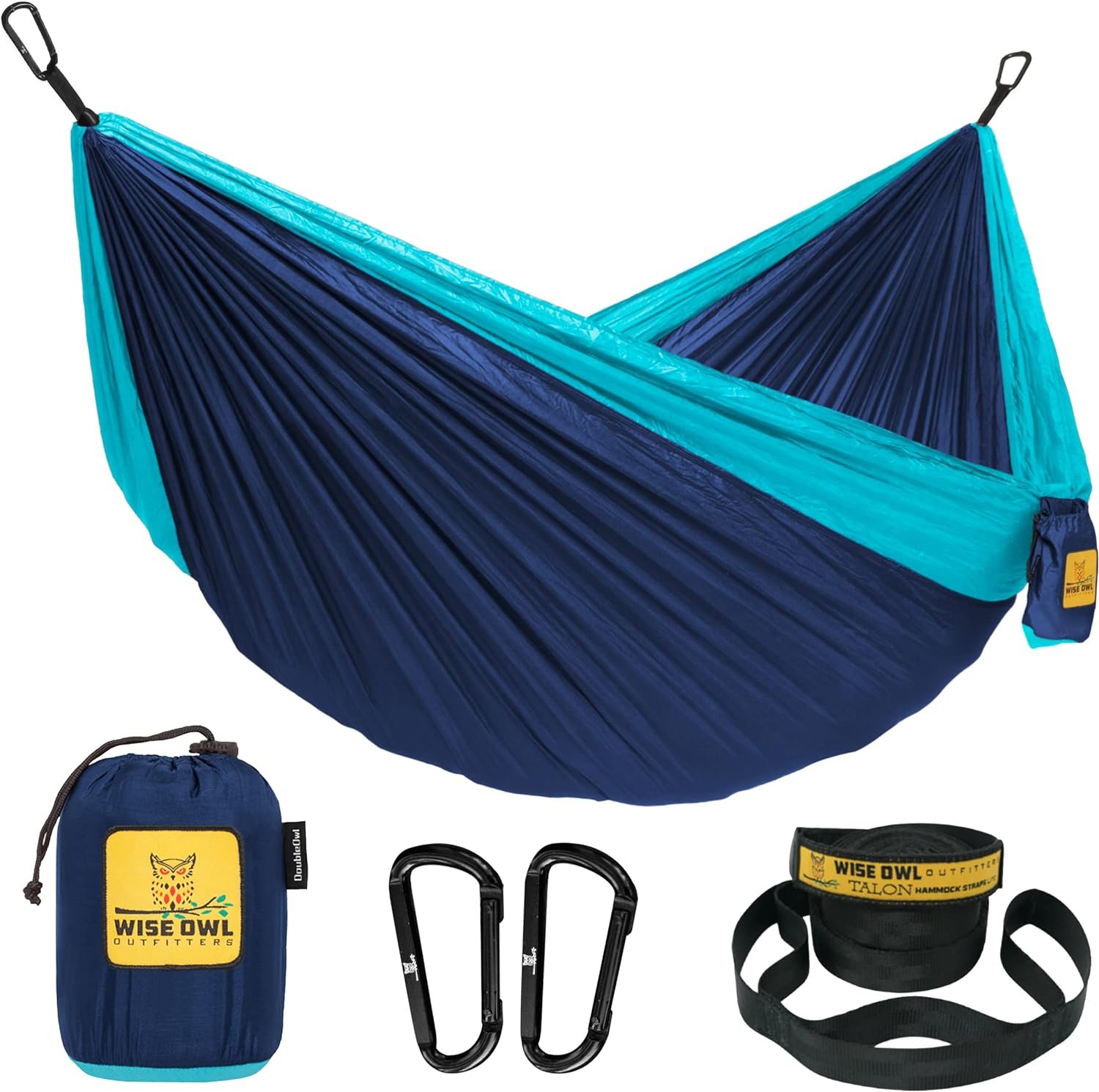 A Wise Owl Outfitters double hammock in navy blue and turquoise, shown with its compact storage bag, two carabiners, and tree straps, all labeled with the Wise Owl Outfitters branding.