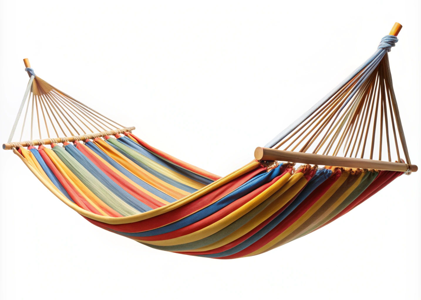 "Rainbow-colored hammock hanging between two trees, with vibrant stripes in red, orange, yellow, green, blue, and purple. The hammock is gently curved, creating a cozy, inviting spot for relaxation in a serene outdoor setting."