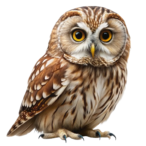 Close-up image of a majestic owl perched on a branch. The owl has large, round eyes with a piercing gaze, intricate feather patterns in shades of brown and white, and sharp, curved talons gripping the branch. The background is a soft blur of green foliage, emphasizing the owl as the focal point