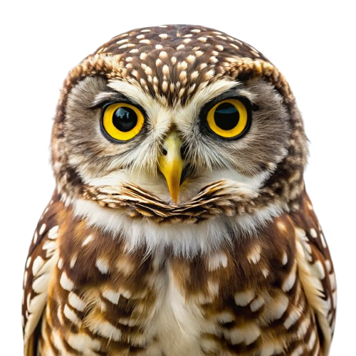 A close-up image of an owl with prominent facial features and large, expressive eyes, depicted against a transparent or plain background.